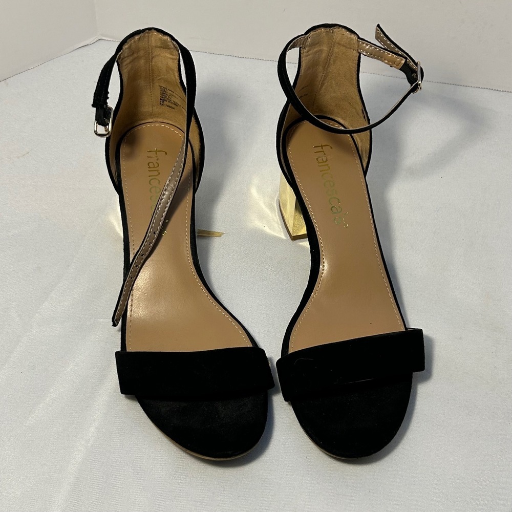 Francesca's Black Suede Ankle Strap Block Heels Gold Block Heel Sandals Size 7